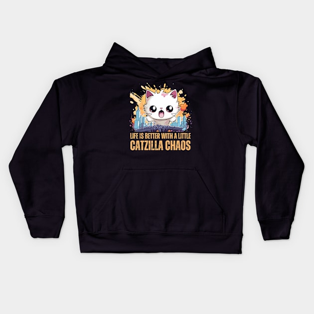 Funny Cute Catzilla Rampaging in a City Kids Hoodie by BrushedbyRain